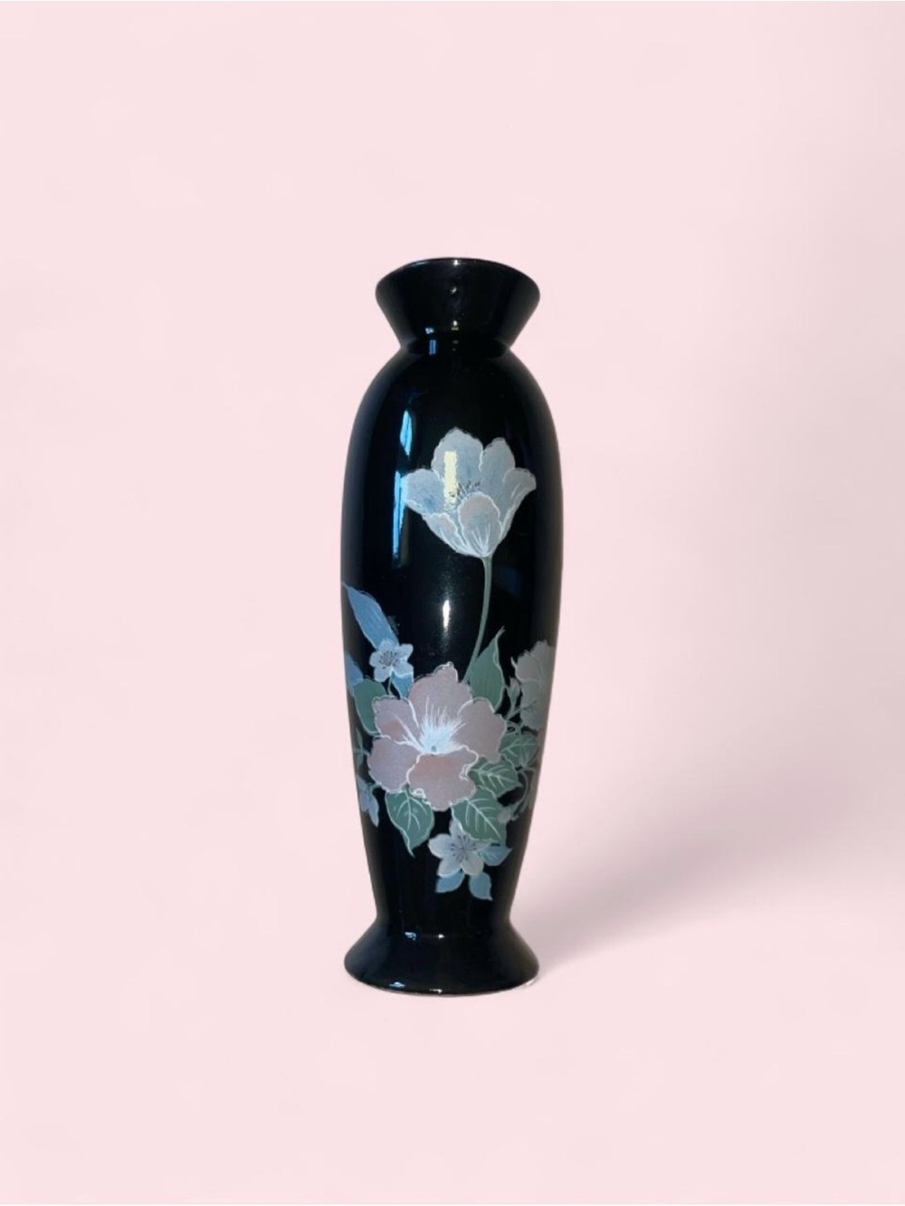 Vintage Black Floral Mini Japan Porcelain Vase with Soft Pastel Blooms
